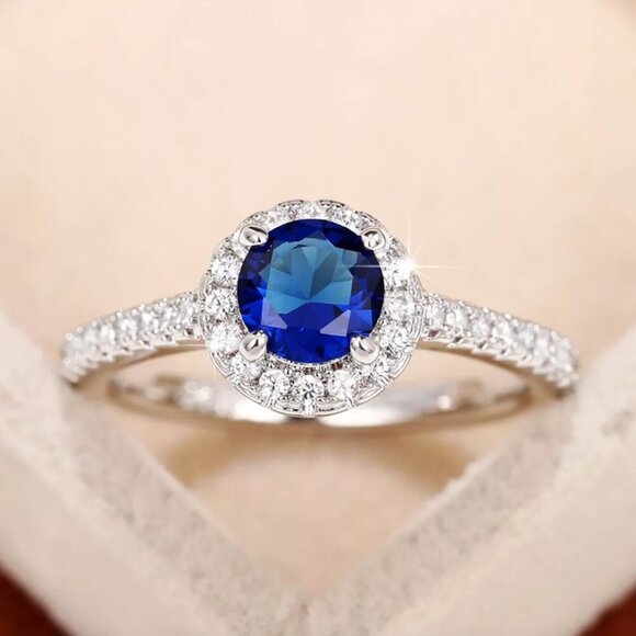 NEW 14k White Gold Sapphire Diamond Ring Halo Round Cut - Picture 1 of 8